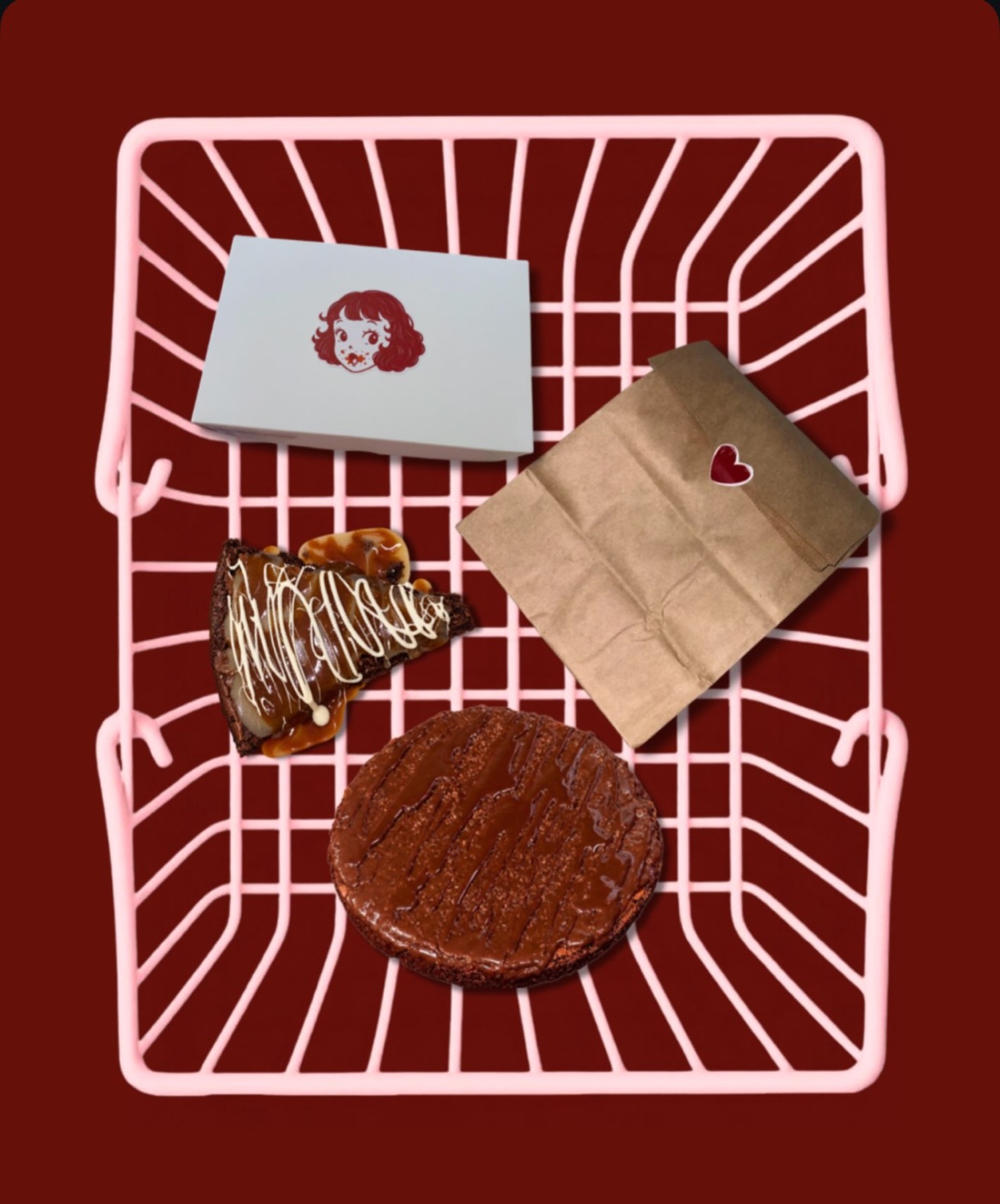 Caixinha e brownies da Oh My Brownie em cesta rosa